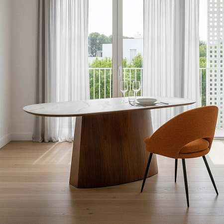 Colectia noua - Masă de dining albă picior central MDF maro, blat ceramic