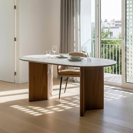 Colectia noua - Masă de dining albă picioare MDF maro, blat ceramic