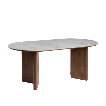 Masă de dining albă picioare MDF maro, blat ceramic [1]