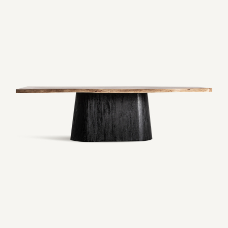 Mese Dining - Masă lungă cu blat din acacia cu margine naturală, pe un singur picior oval negru