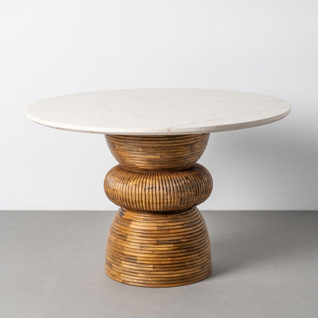 Mese - Masă de dining din marmură alb crem și lemn de mango maro