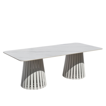 Stil de design - Masă de dining din piatră sinterizată albă cu două baze conice