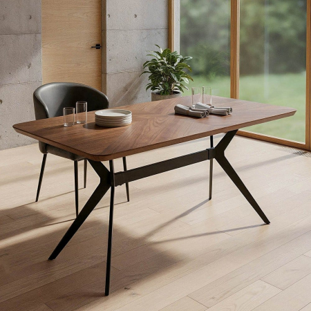 Colectia noua - Masă de dining maro blat MDF lemn, picioare metal