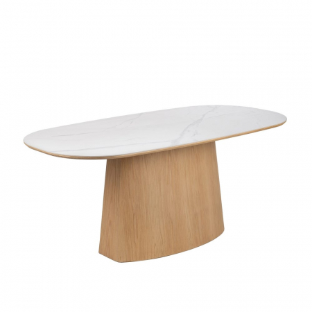 Masă dining ovală ceramică marmorat alb cu bază MDF natur curbată [2]