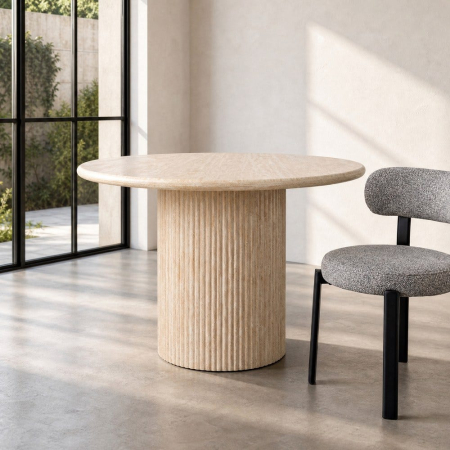 Mese Dining - Masă de dining rotundă bej cu aspect de piatră din MDF