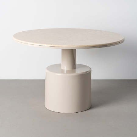 Minimalist - Masă de dining rotundă cu blat de marmură bej și picior central din MDF lăcuit crem