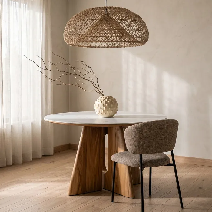 Colectia noua - Masă de dining rotundă cu blat din ceramică albă cu aspect de marmură