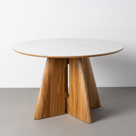Mese Dining - Masă de dining rotundă cu blat din ceramică albă cu aspect de marmură