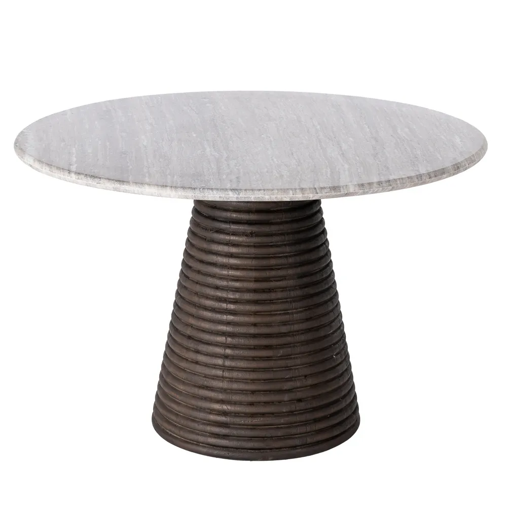 Masă dining marmură crem-gri cu bază conică sculptată mango maro [2]