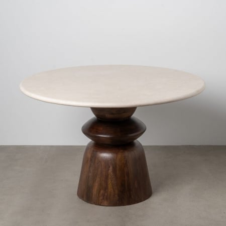 Masă dining marmură crem-bej cu bază totemică mango maro sculptat [1]