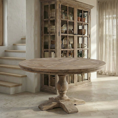 Masă de dining rotundă din lemn de pin reciclat 140 cm, bază centrală