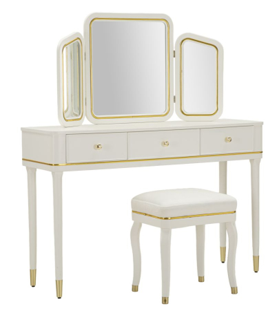 Masute de toaleta - Masă de toaletă cu oglindă triplă și taburet alb cu accente aurii design elegant