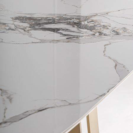 Masa dining art deco cu blat portelanat alb marmorat si otel cu finisaj auriu Jussey 220x100x76 cm [3]