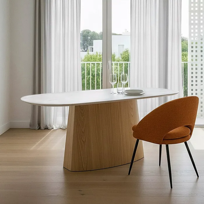 Mese Dining - Masă dining ovală ceramică marmorat alb cu bază MDF natur curbată