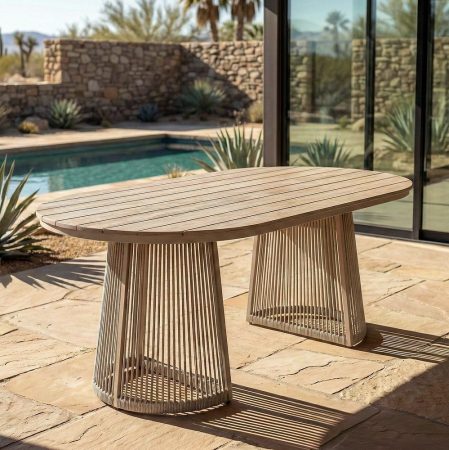 Mobilier Gradina - Masă dining exterior HoReCa cu blat oval din lemn compozit și baze din ratan sintetic