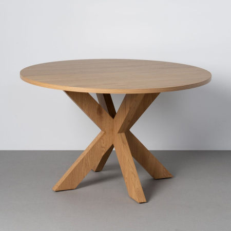 Mese Dining - Masă dining rotundă cu bază geometrică și finisaj efect lemn natural