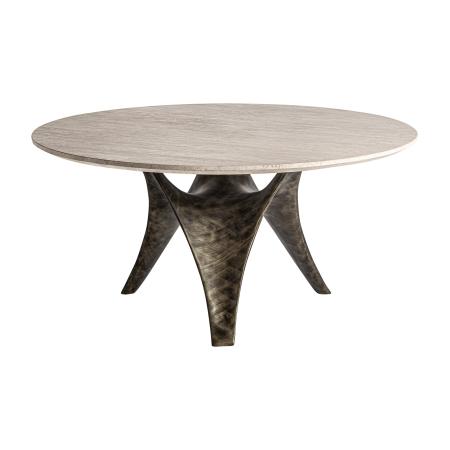 Mese Dining - Masă de dining rotundă din travertin bej cu bază aurie