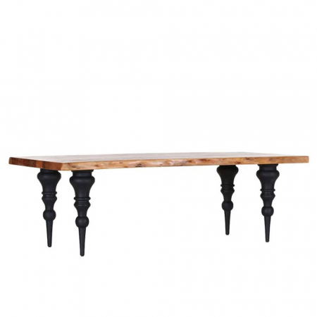 Masă dining rustică Artistico – vedere laterală cu blat acacia și picioare negre sculptate [4]