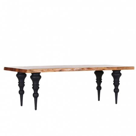 Mese Dining - Masă dining rustică Artistico – vedere laterală cu blat acacia și picioare negre sculptate