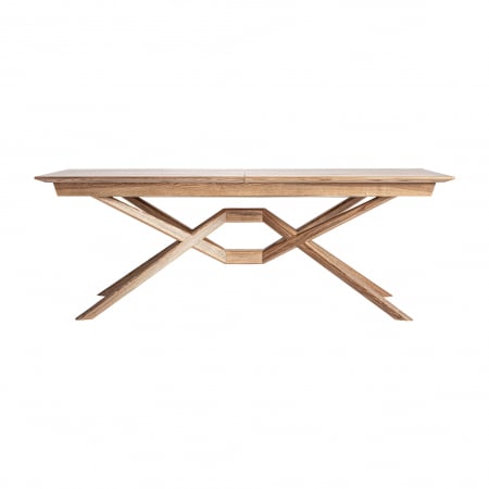 Stil de design - Masă extensibilă Vrebos cu bază geometrică tip „X”, finisaj maro deschis din lemn de frasin.