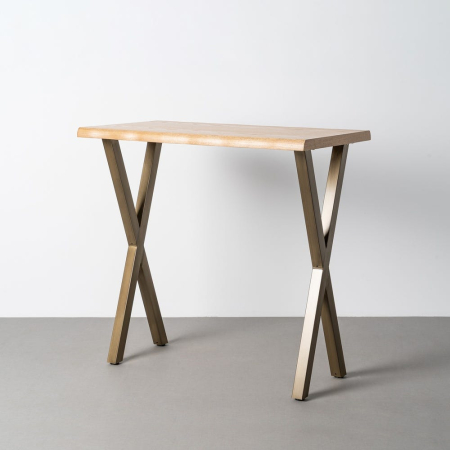 Mese - Masă înaltă cu blat cu aspect de lemn si picioare metalice in forma de X