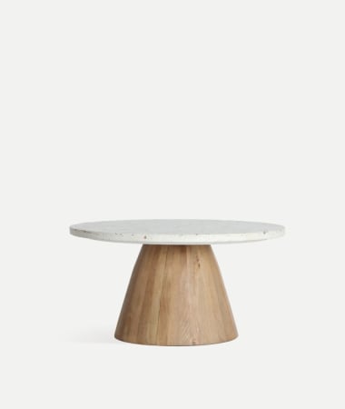 Masute Laterale - Masă laterală terrazzo alb cu bază lemn mango 80x80x41