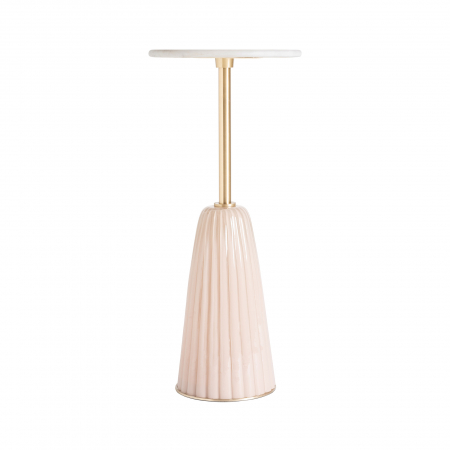 Mobilier - Masă Sintra cu marmură albă, sticlă plisată roz și structură aurie – design feminin și rafinat.