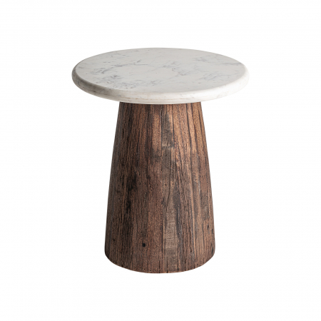 Masă laterală Skorup din marmură albă și lemn reciclat, design artizanal unicat. [1]