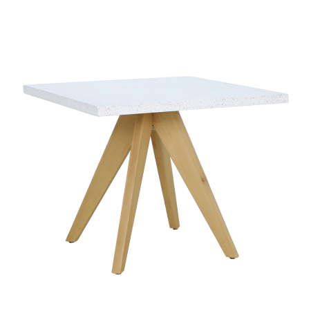 Stil de design - Masă pătrată de dining din terrazzo alb cu picioare din lemn