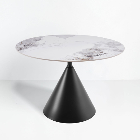 Stil de design - Masă rotundă de dining din ceramică albă cu bază conică neagră