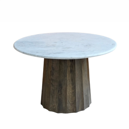 Stil de design - Masă rotundă de dining din marmură albă cu bază din lemn