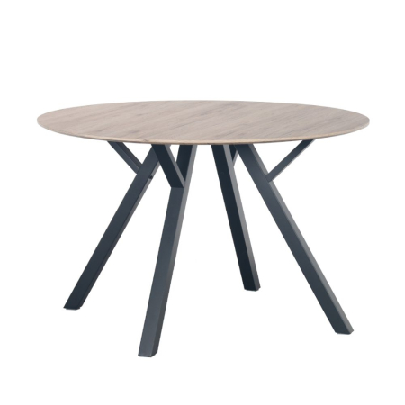 Mese - Masă rotundă de dining din MDF cu aspect de lemn de stejar și picioare metalice negre