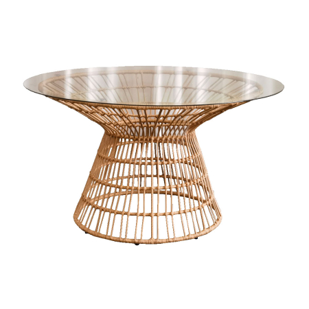 Stil de design - Masă rotundă de dining din sticlă transparentă cu bază din ratan