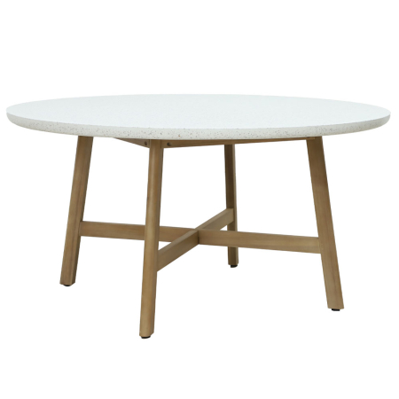Stil de design - Masă rotundă de dining din terrazzo alb cu picioare din lemn de acacia