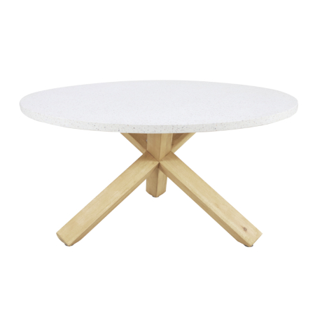 Stil de design - Masă rotundă de dining din terrazzo alb cu picioare din lemn