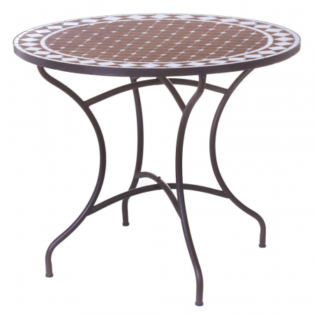 Masă ceramică vitrificată 90 cm – blat geometric alb-taupe și cadru din fier