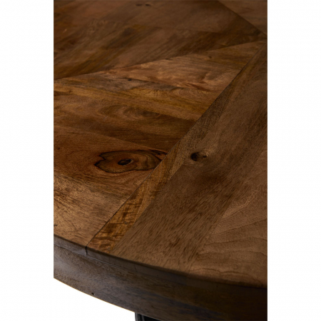 Masă rotundă Magnolia – imagine laterală cu blat natur și picior central sculptat [5]