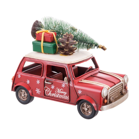 Craciun - Mașinuță roșie tip Mini din metal cu brăduț și cadouri pe acoperiș și mesaj Merry Christmas