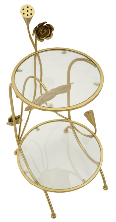 Măsuță aurie decorativă cu design floral sculptat și două rafturi din sticlă transparentă [3]