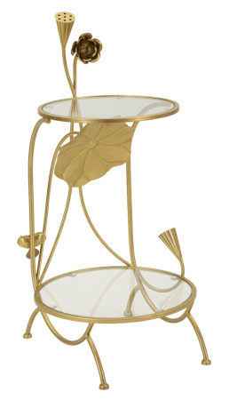 Mese - Măsuță aurie decorativă cu design floral sculptat și două rafturi din sticlă transparentă