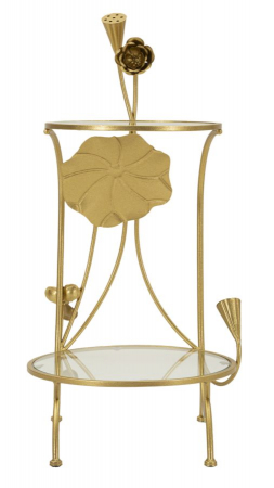 Măsuță aurie decorativă cu design floral sculptat și două rafturi din sticlă transparentă [1]