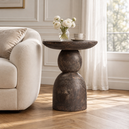 Mobilier - Măsuță din lemn de suar închis cu blat rotund pe sferă și bază în formă de clopot