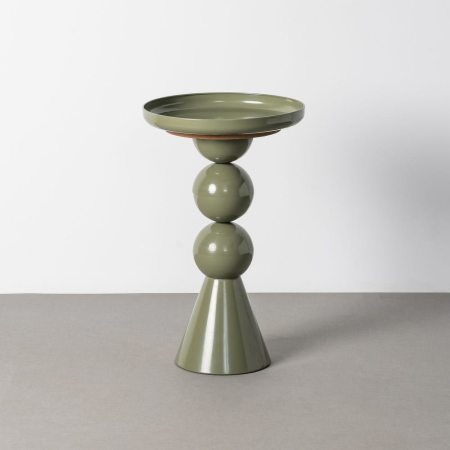 Mobilier - Măsuță auxiliară din metal verde salvie cu tavă rotundă și picior din sfere suprapuse pe bază conică