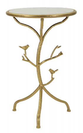 Mese - Măsuță aurie decorativă Birds cu blat rotund marmură și elemente sculptate cu păsări