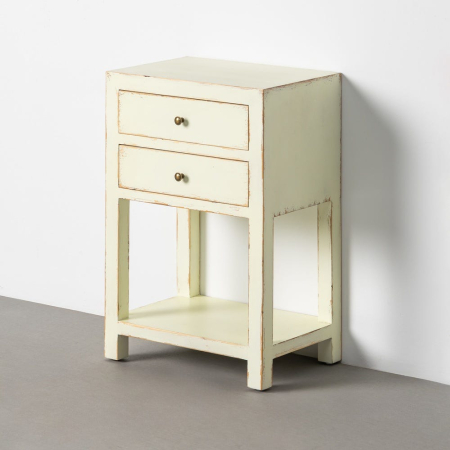 Masute Laterale - Măsuță cu două sertare și raft deschis din MDF galben pastel cu aspect patinat