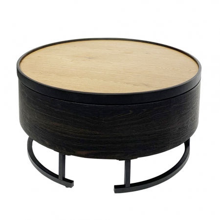 Masute Cafea - masuta cafea barrel negru natural depozitare ascunsa blat rotund picioare metalice subtiri
