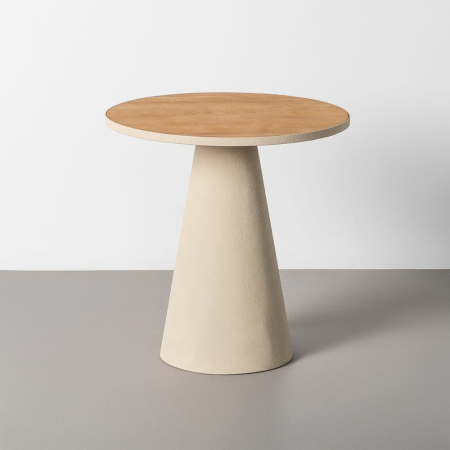 Mobilier - Măsuță de cafea din MDF și metal cu blat rotund de lemn deschis și bază conică crem