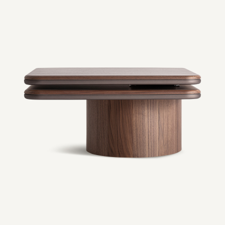 Stil de design - Măsuță de cafea din furnir de nuc cu două blaturi pătrate răsucite pe o bază cilindrică