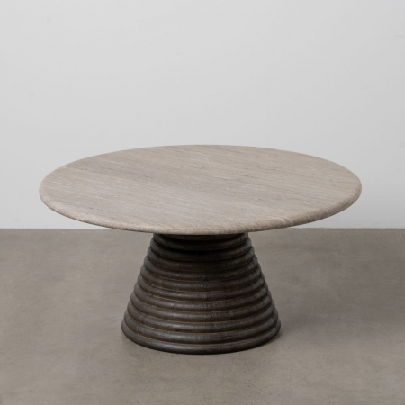 Măsuță rotundă marmură crem-bej și bază conică mango maro sculptat [1]