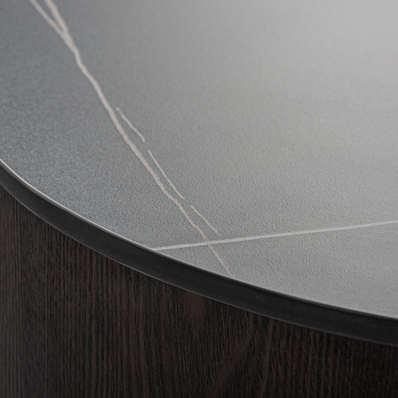 Masuta de cafea sculpturala si moderna din MDF si marmura sintetica neagra cu baza placata nuc Neufs 100x100x25 cm [5]